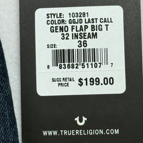 True Religion Men's Geno Relaxed Slim Flap Big T Blue Denim Jeans Size 36x32 NWT - Picture 8 of 13